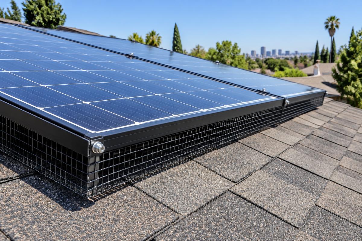 Illustrative solar panels with bird-proof mesh